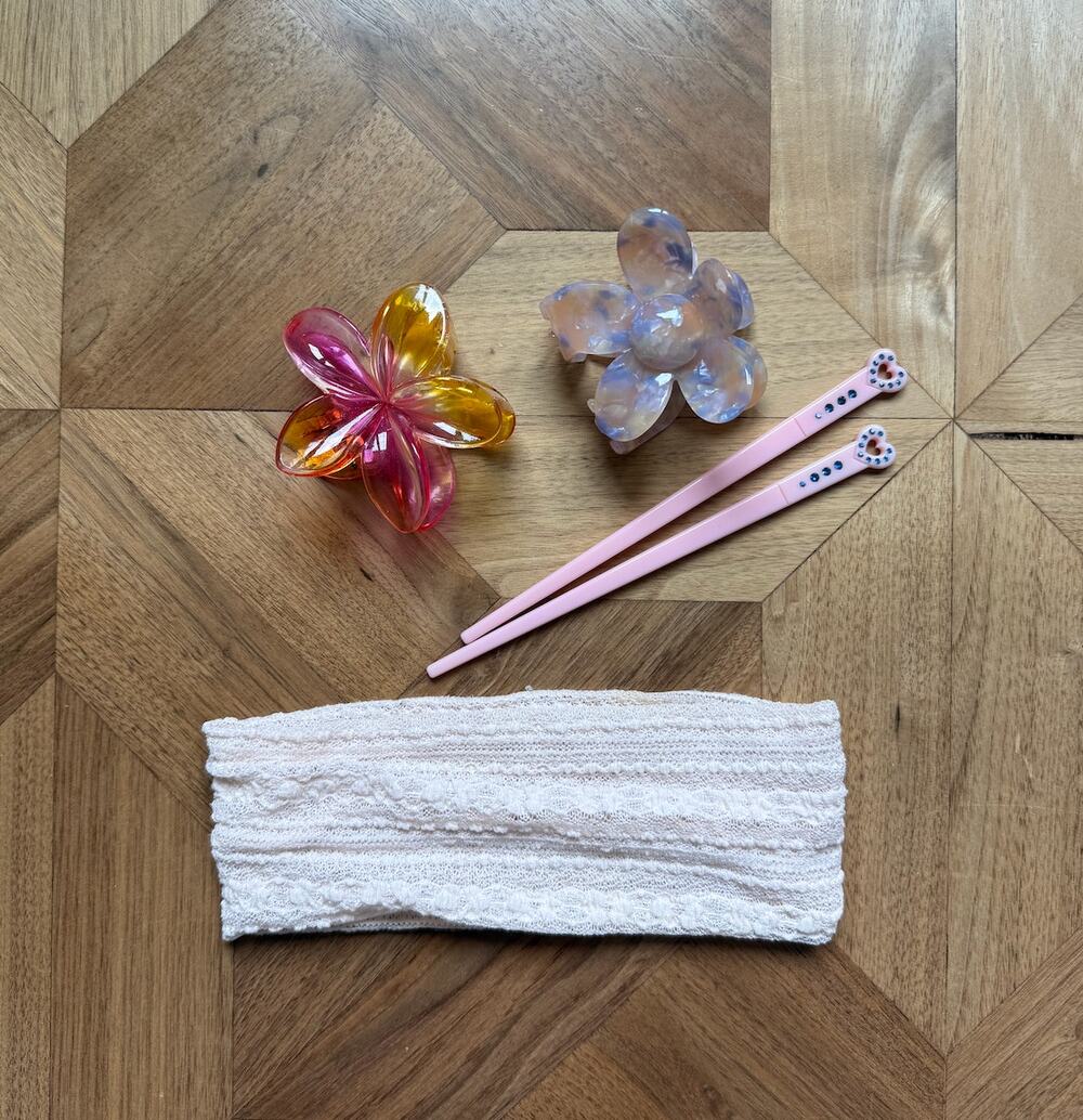 Emi Jay Hair Chopsticks + French Flower Claw Clips & Lace Headband Bundle